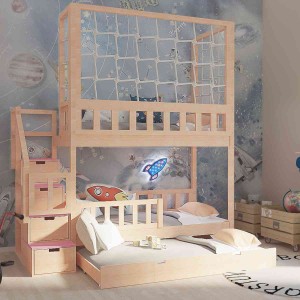 Łóżko dziecięce piętrowe z siatką i schodkami