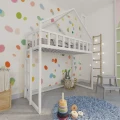 Łóżko domek na antresoli z drabinką z boku w białym kolorze