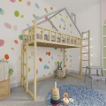 Łóżko domek na antresoli z drabinką z boku z szarym daszkiem